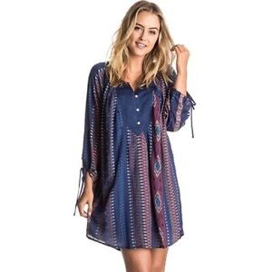 Roxy Navy Print Tunic Boho 3/4 Quarter Button‎ Dress